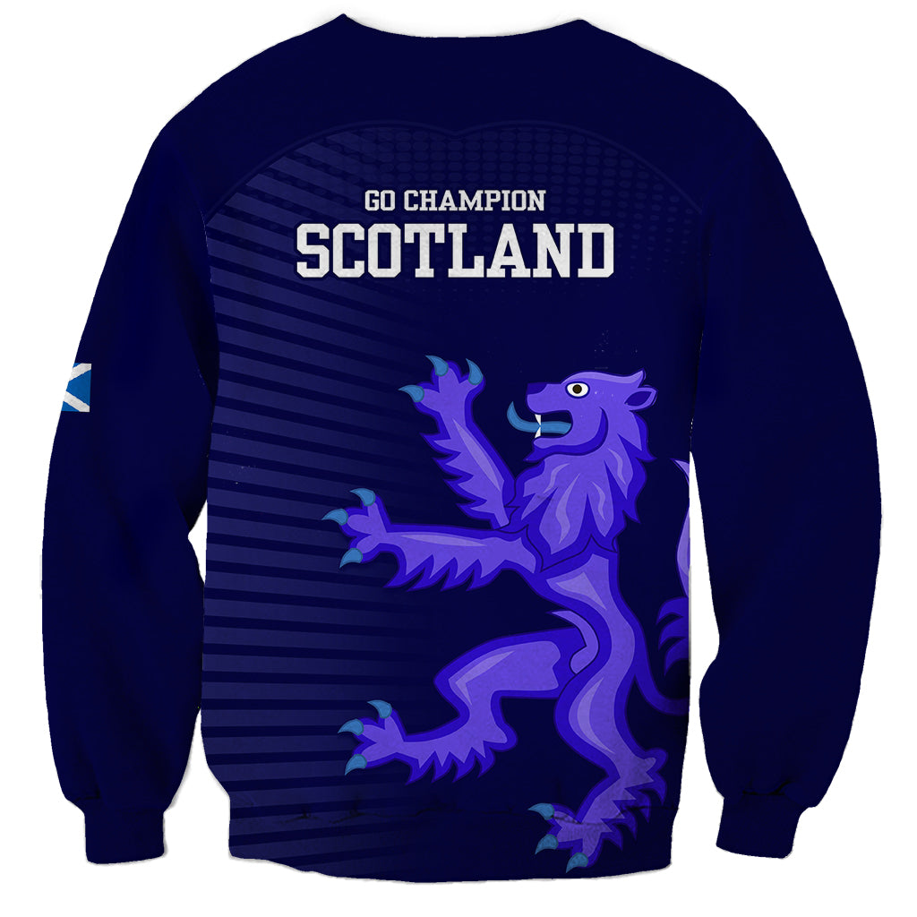 Navy blue crewneck sweatshirt with 'Go Champion Scotland' back text and lion artwork