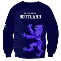 Navy blue crewneck sweatshirt with 'Go Champion Scotland' back text and lion artwork