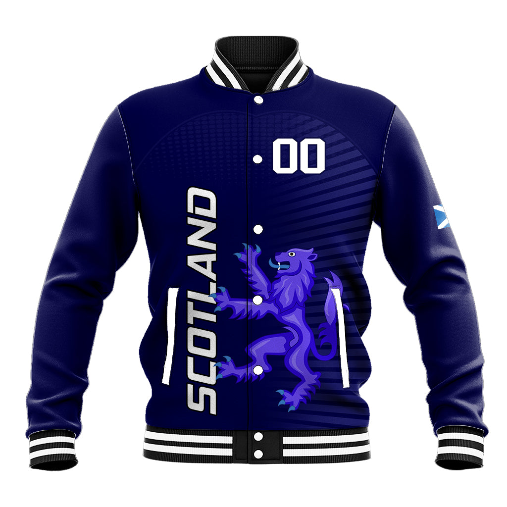 Blue varsity baseball jacket with lion graphic, white collar stripes, snap front, number 00