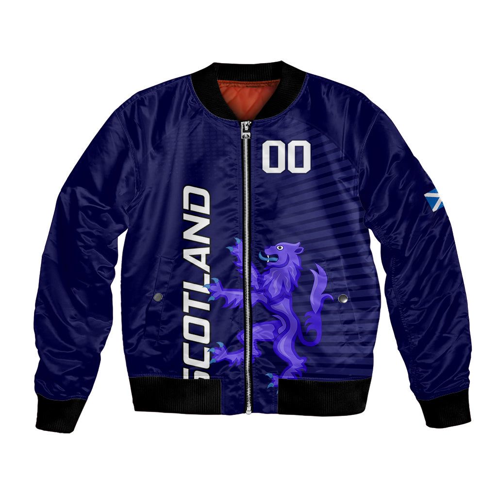 Dark blue satin bomber jacket, front zipper, ribbed cuffs, 00 and purple lion graphic