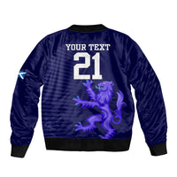 Dark blue satin bomber jacket, back shows 21 with Your Text and purple lion graphic