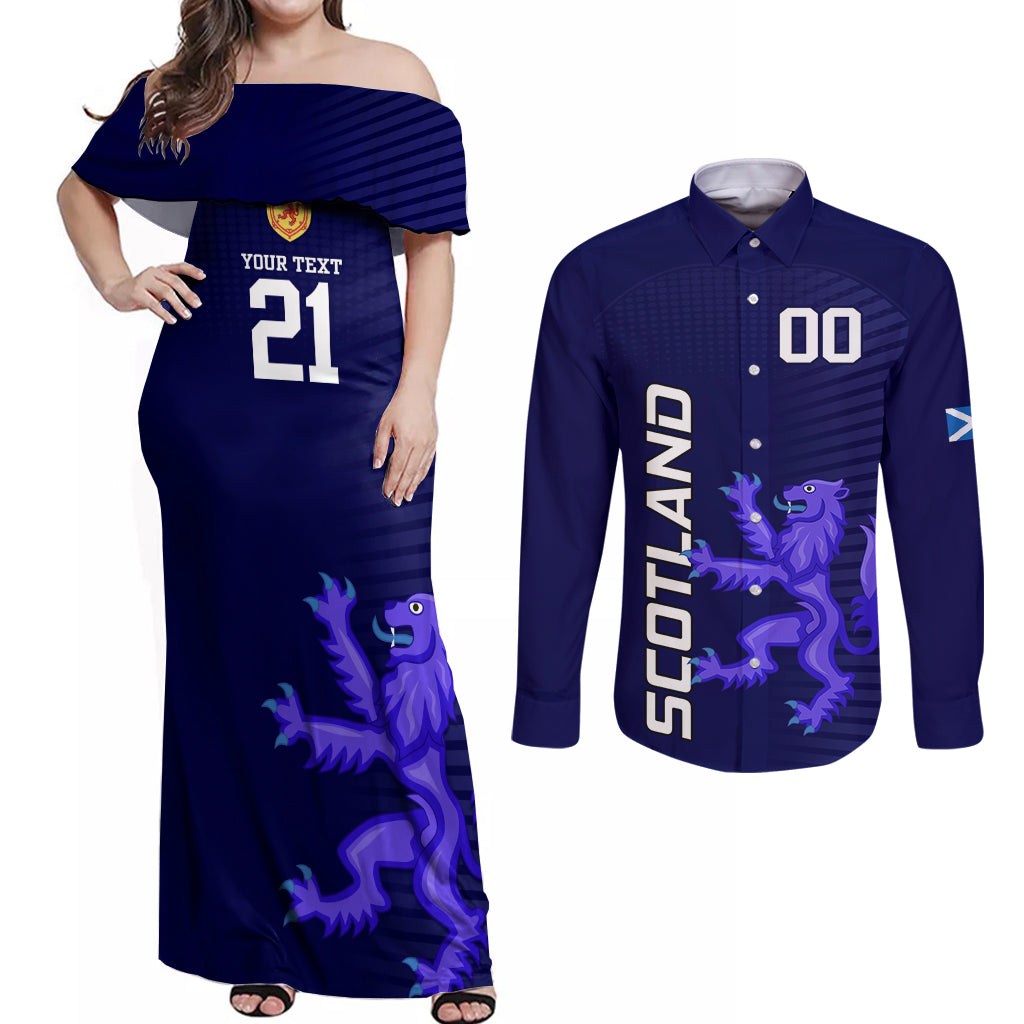 Custom Scotland Rugby Couples Matching Off Shoulder Maxi Dress and Long Sleeve Button Shirts Go Scottish World Cup Sporty Style LT9 - Wonder Print Shop