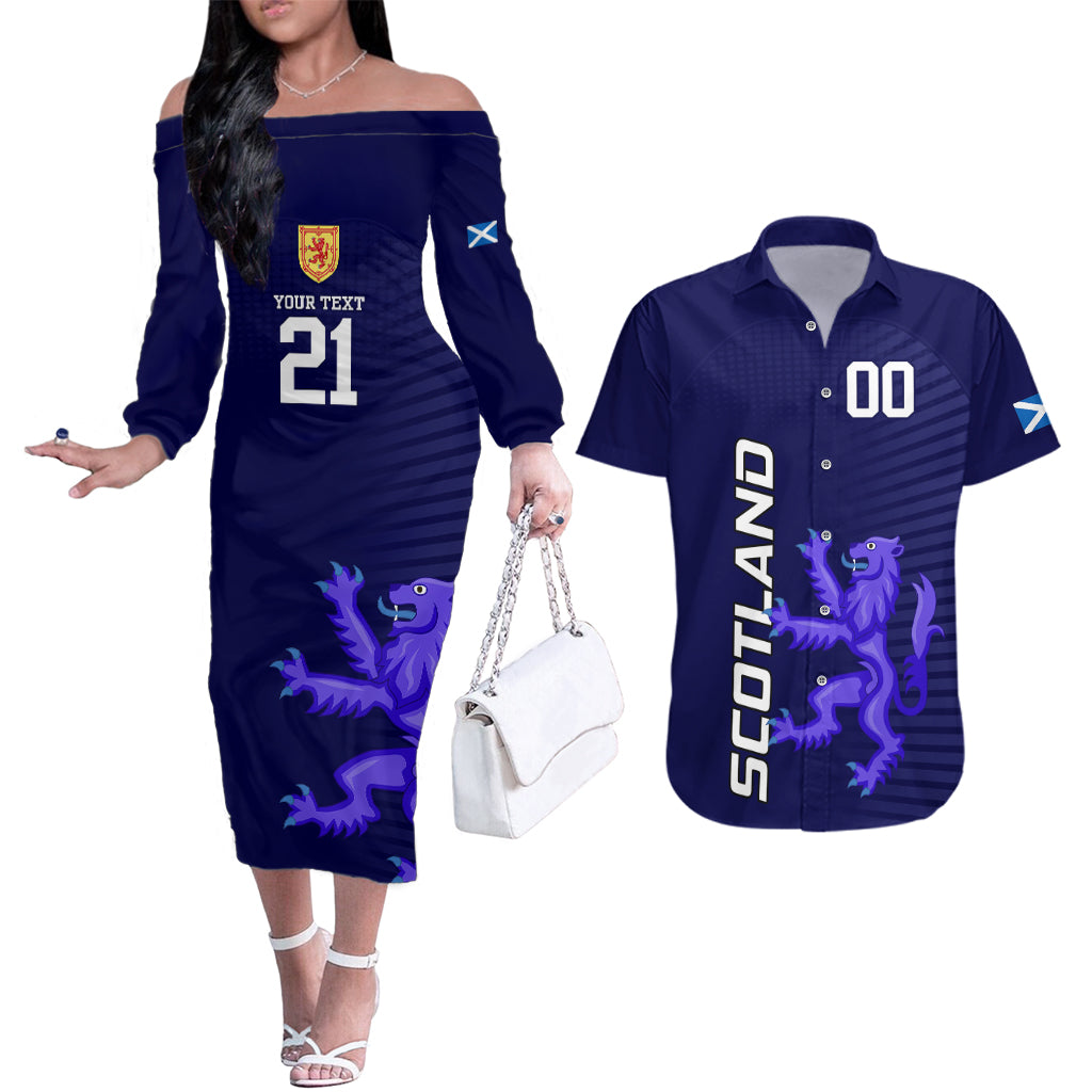 Custom Scotland Rugby Couples Matching Off The Shoulder Long Sleeve Dress and Hawaiian Shirt Go Scottish World Cup Sporty Style LT9 - Wonder Print Shop