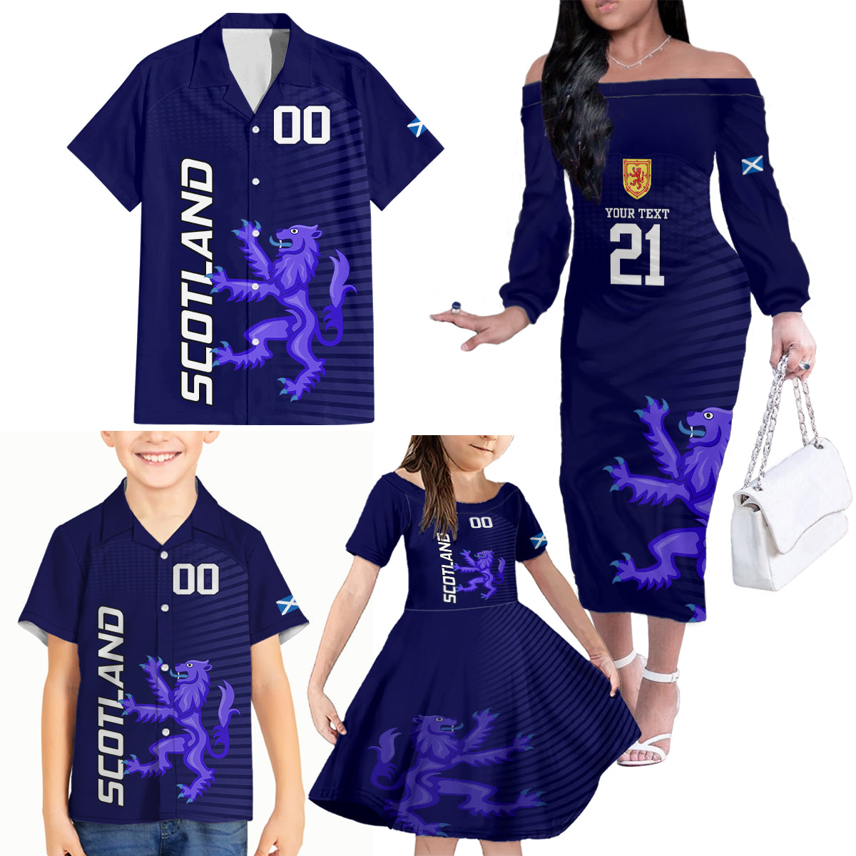 Custom Scotland Rugby Family Matching Off Shoulder Long Sleeve Dress and Hawaiian Shirt Go Scottish World Cup Sporty Style - Wonder Print Shop