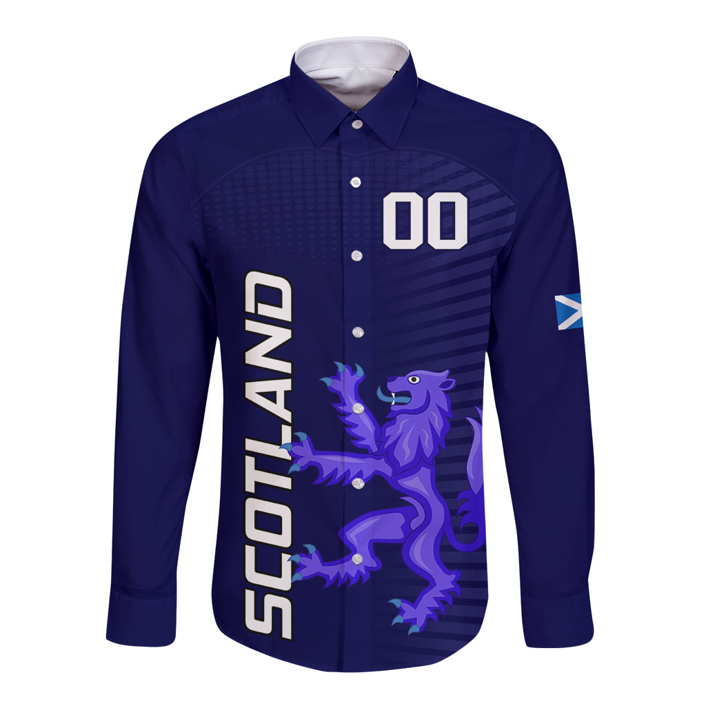 Navy long-sleeve button rugby shirt with lion graphic, 'SCOTLAND' sleeve print, number 00