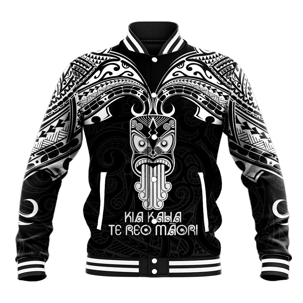 Black baseball jacket with white Maori tribal artwork, ribbed varsity collar and snap front