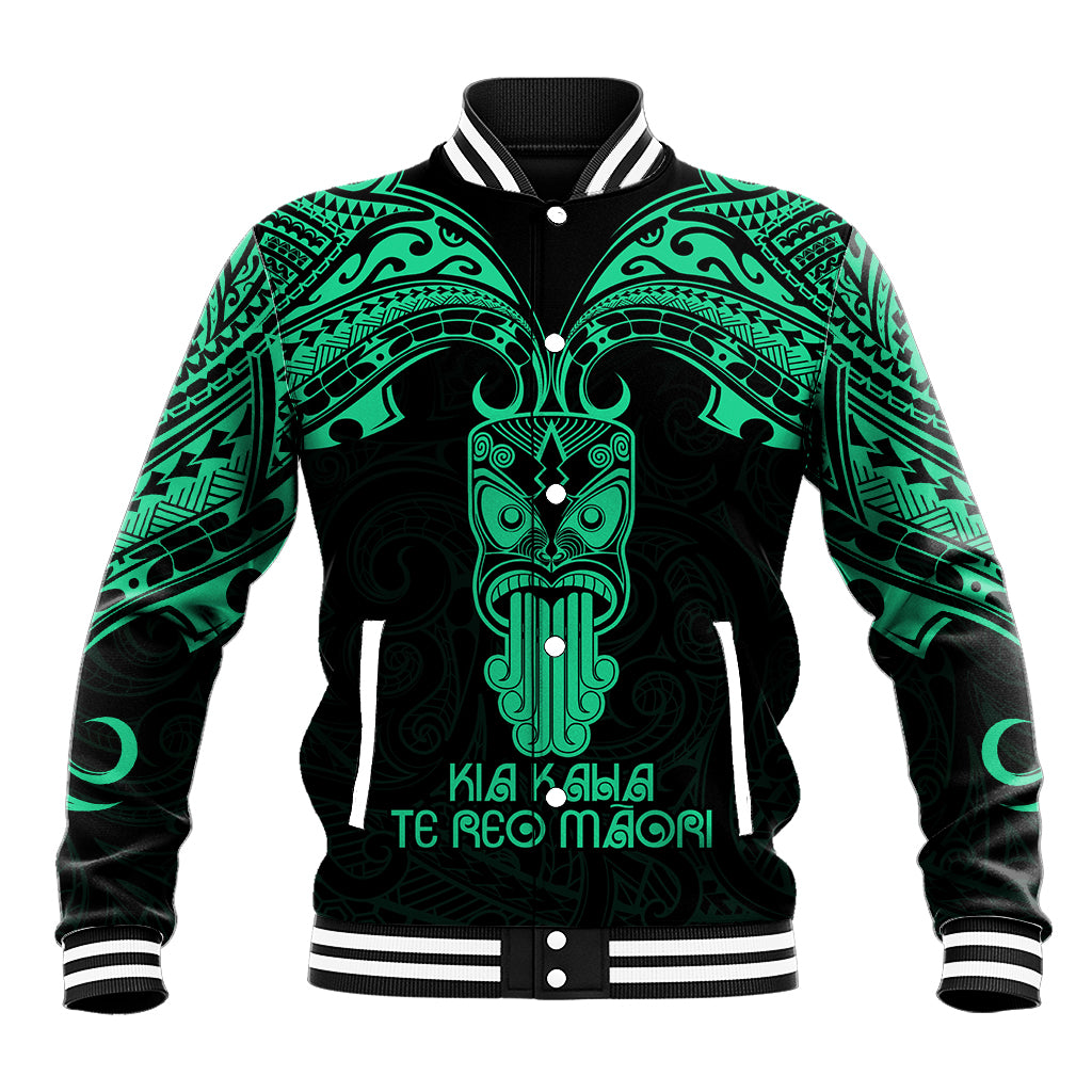 Green and black Maori-style baseball jacket with striped collar and front button