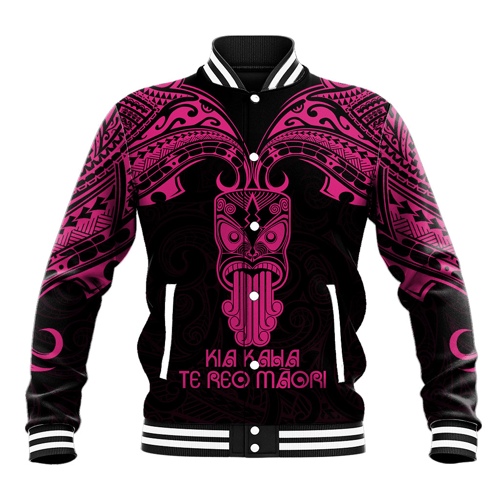 Pink and black varsity baseball jacket with Maori-inspired tribal graphic and ribbed trim