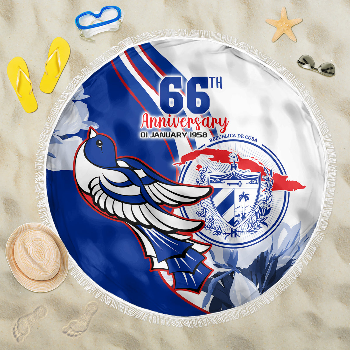 Round blue and white beach blanket with fringe edge, 66th anniversary dove graphic.