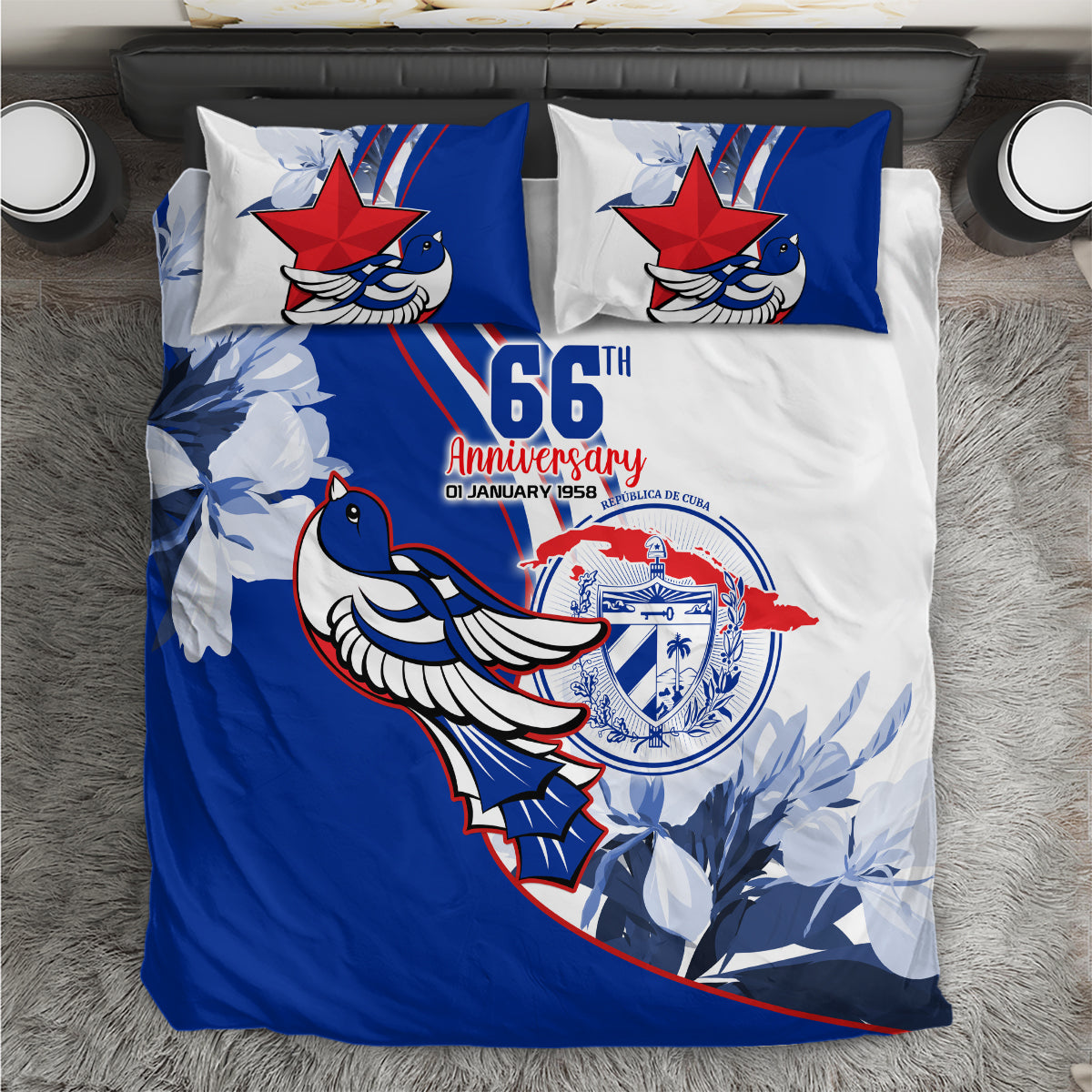 Blue and white printed duvet cover set with two pillows, bird and floral design