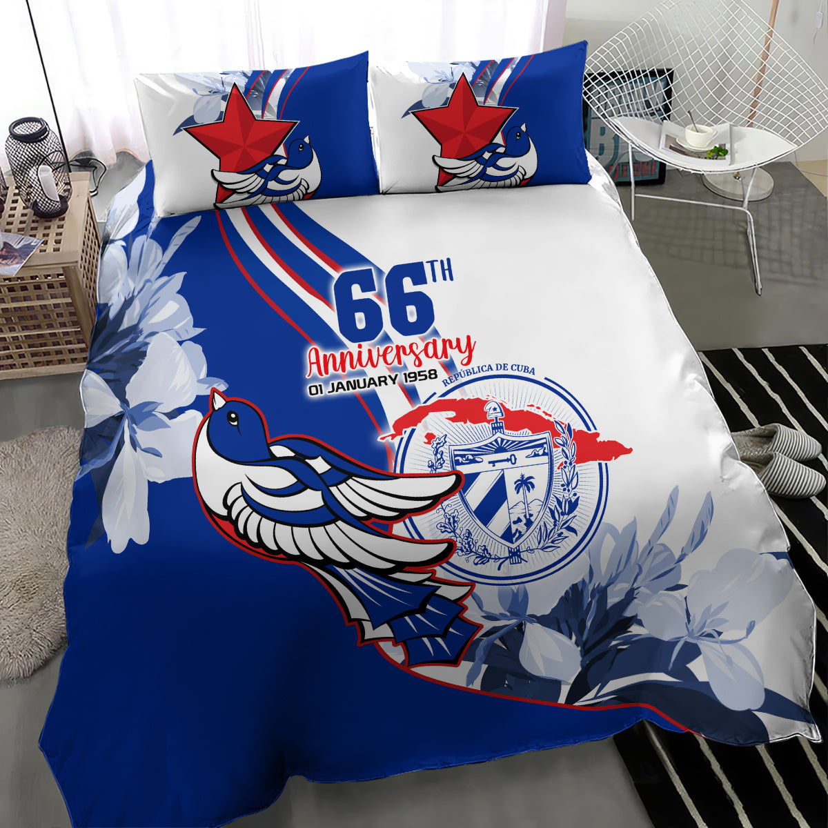 Blue and white printed duvet cover with two pillows, 66th anniversary bird emblem design