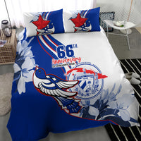 Blue and white printed duvet cover with two pillows, 66th anniversary bird emblem design