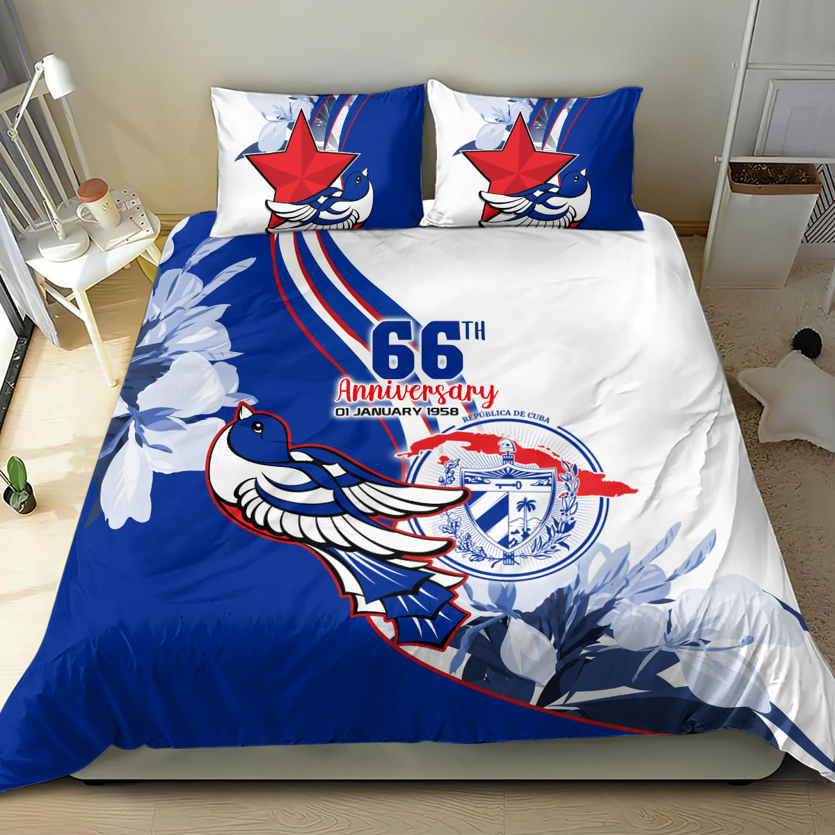 Blue and white printed bedding set with two pillows, bird emblem and floral pattern