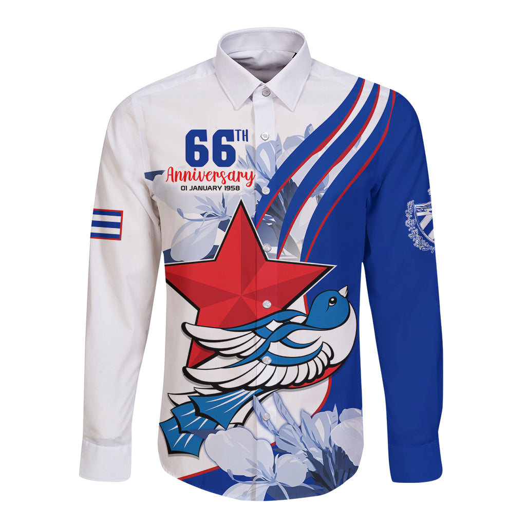 Long-sleeve button shirt with blue and white front graphic, 66th anniversary print