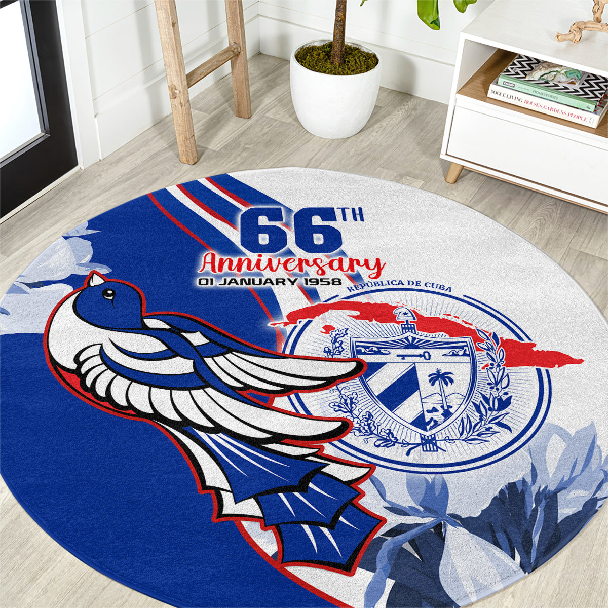 Blue and white round carpet with 66th anniversary Cuba graphic and dove illustration