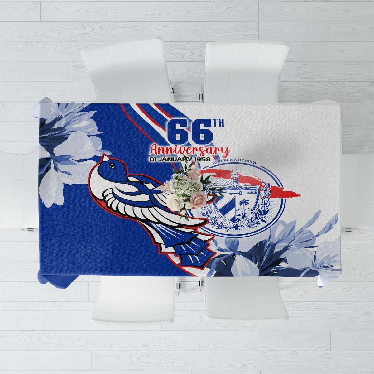 Blue personalized tablecloth with bold patriotic anniversary graphic print