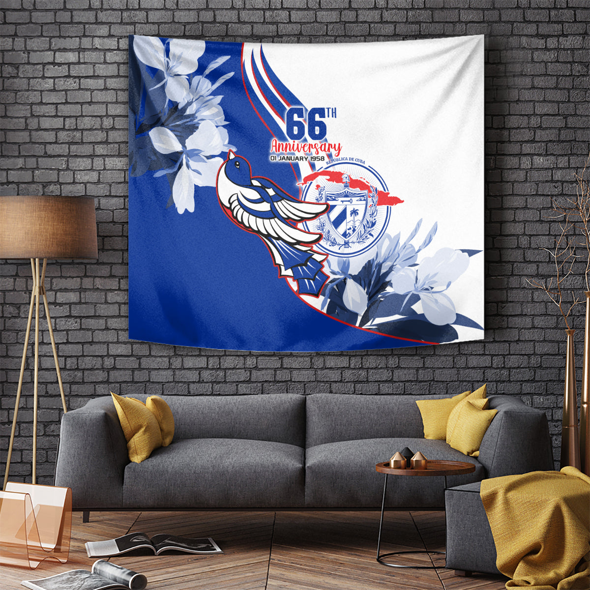 Blue and white anniversary tapestry with dove, 66th text, and floral design