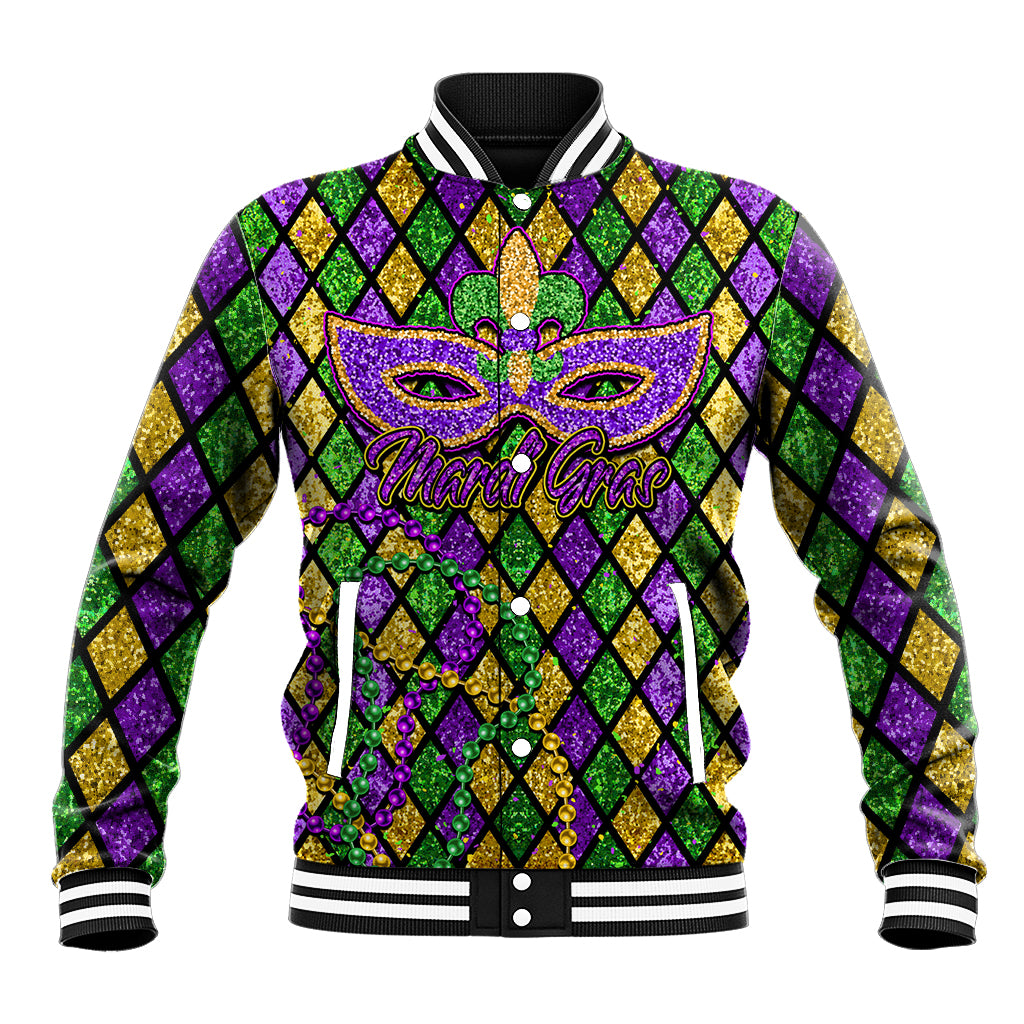 Unisex glitter varsity jacket with purple-green-gold diamond pattern and Mardi Gras emblem, black collar