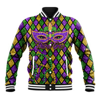 Unisex glitter varsity jacket with purple-green-gold diamond pattern and Mardi Gras emblem, black collar