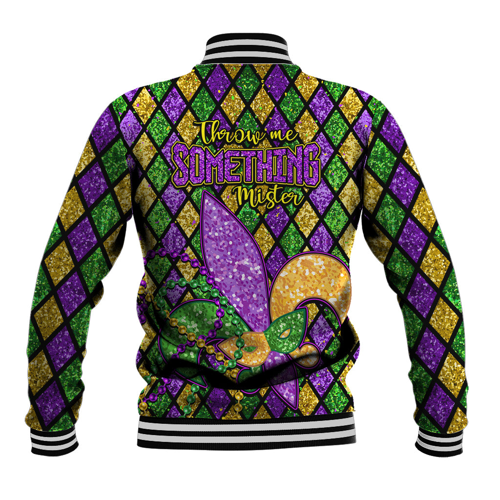 Unisex glitter varsity jacket, back graphic with purple-gold fleur-de-lis and plaid diamonds