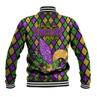 Unisex glitter varsity jacket, back graphic with purple-gold fleur-de-lis and plaid diamonds