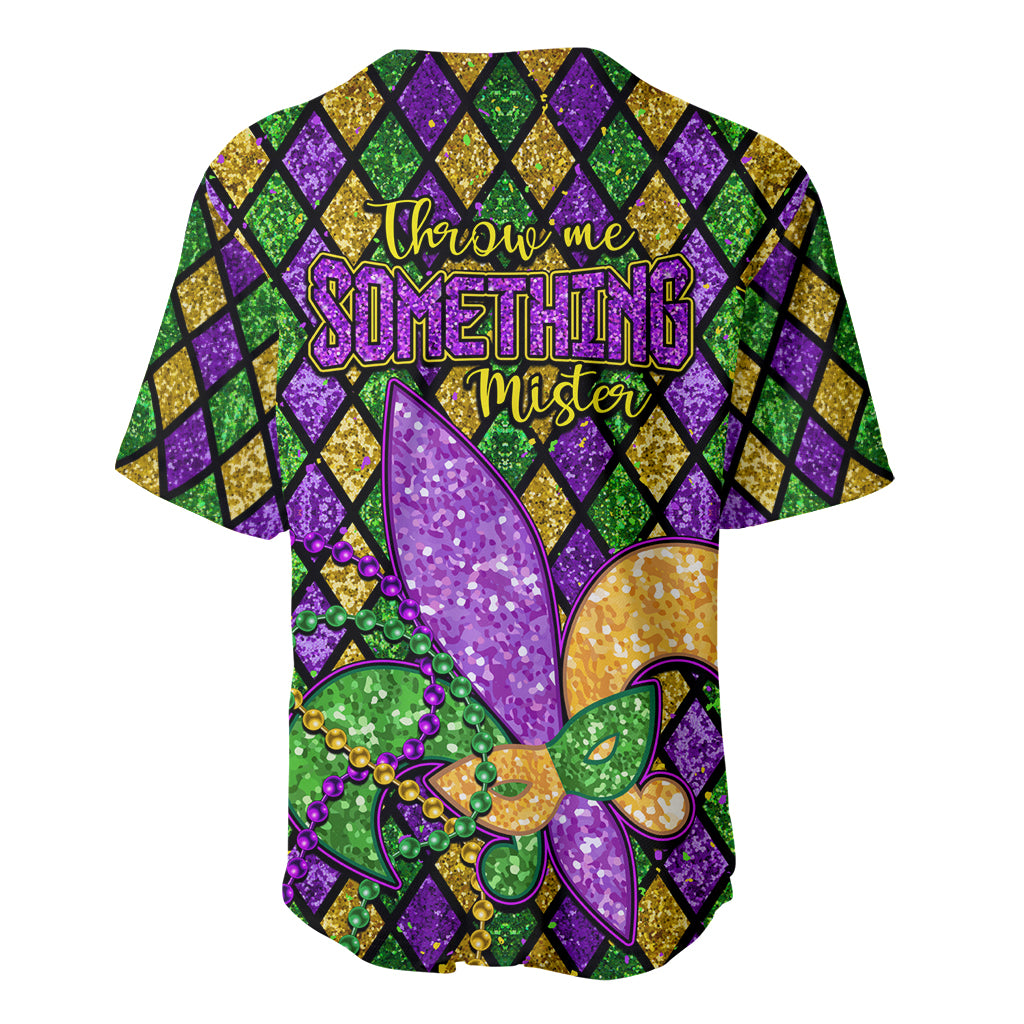 Glitter baseball jersey back print, 'Throw me Someting Mister' fleur-de-lis