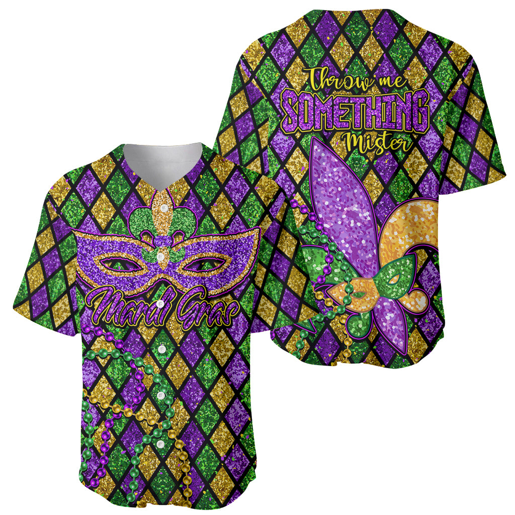 Glitter baseball jersey front and back views with fleur-de-lis diamond pattern, purple