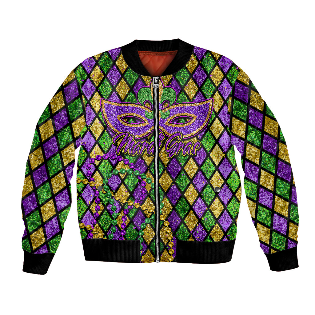 Black glitter bomber jacket with Mardi Gras fleur-de-lis front graphic