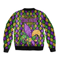 Black glitter bomber jacket with Mardi Gras back slogan and fleur-de-lis glitter art