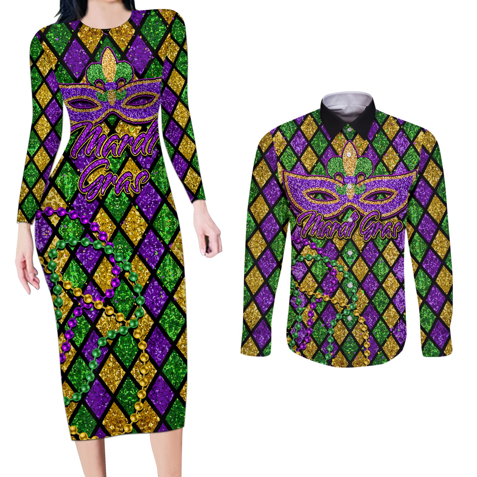 Mardi Gras Glitter Mask with Fleur-de-lis Couples Matching Long Sleeve Bodycon Dress and Long Sleeve Button Shirt LT9 - Wonder Print Shop