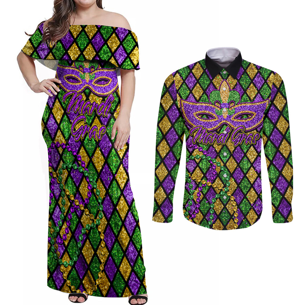 Mardi Gras Glitter Mask with Fleur-de-lis Couples Matching Off Shoulder Maxi Dress and Long Sleeve Button Shirt LT9 - Wonder Print Shop