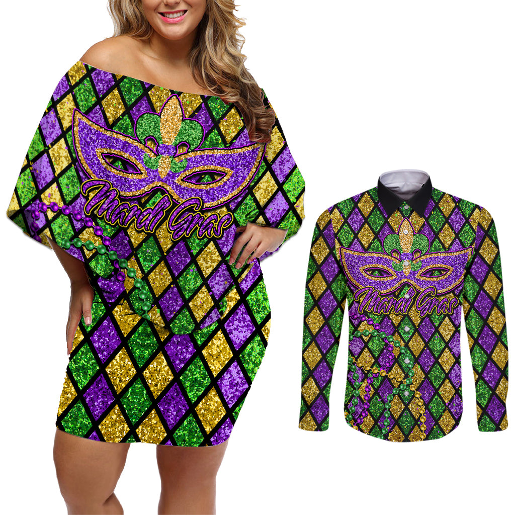 Mardi Gras Glitter Mask with Fleur-de-lis Couples Matching Off Shoulder Short Dress and Long Sleeve Button Shirt LT9 - Wonder Print Shop