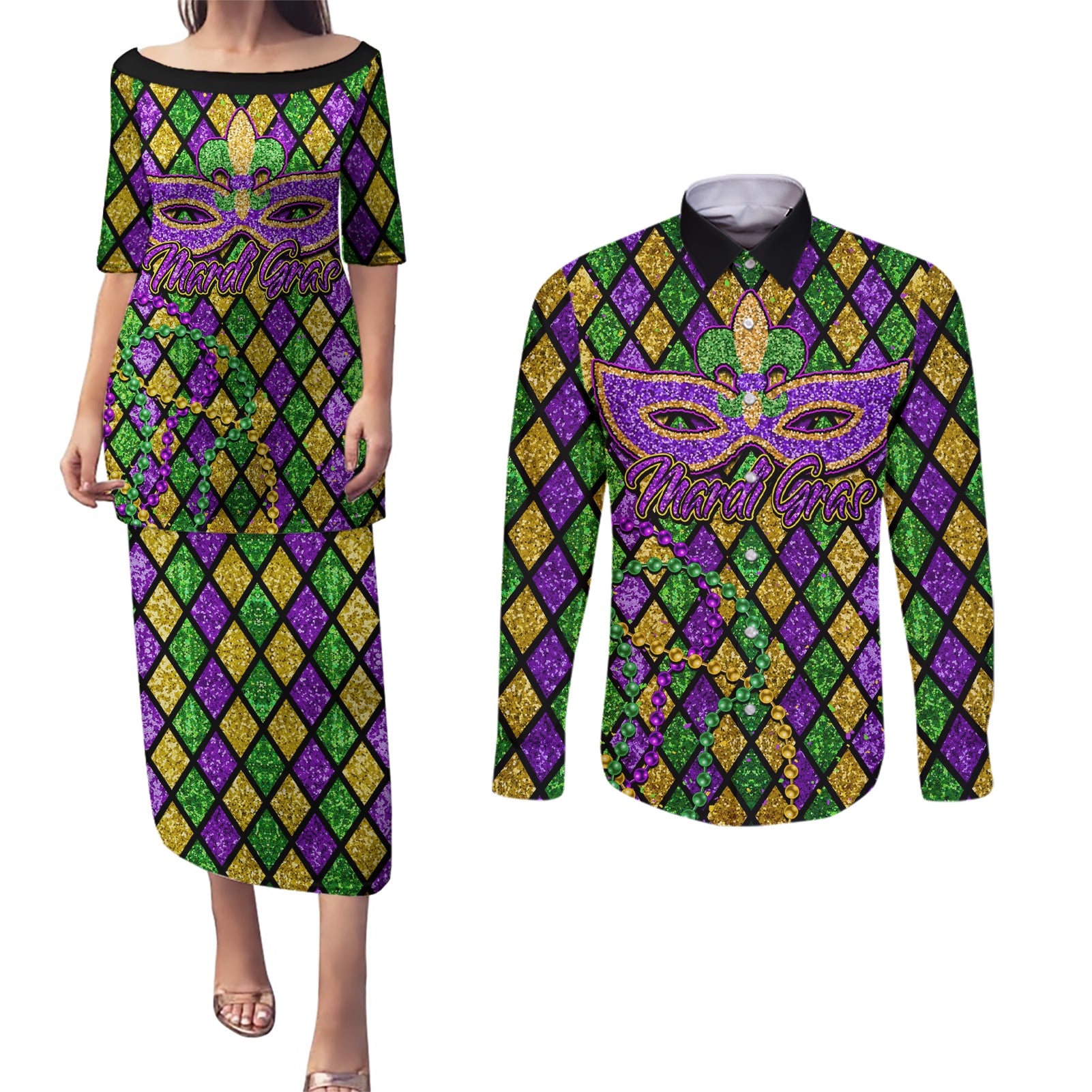 Mardi Gras Glitter Mask with Fleur-de-lis Couples Matching Puletasi and Long Sleeve Button Shirt LT9 - Wonder Print Shop