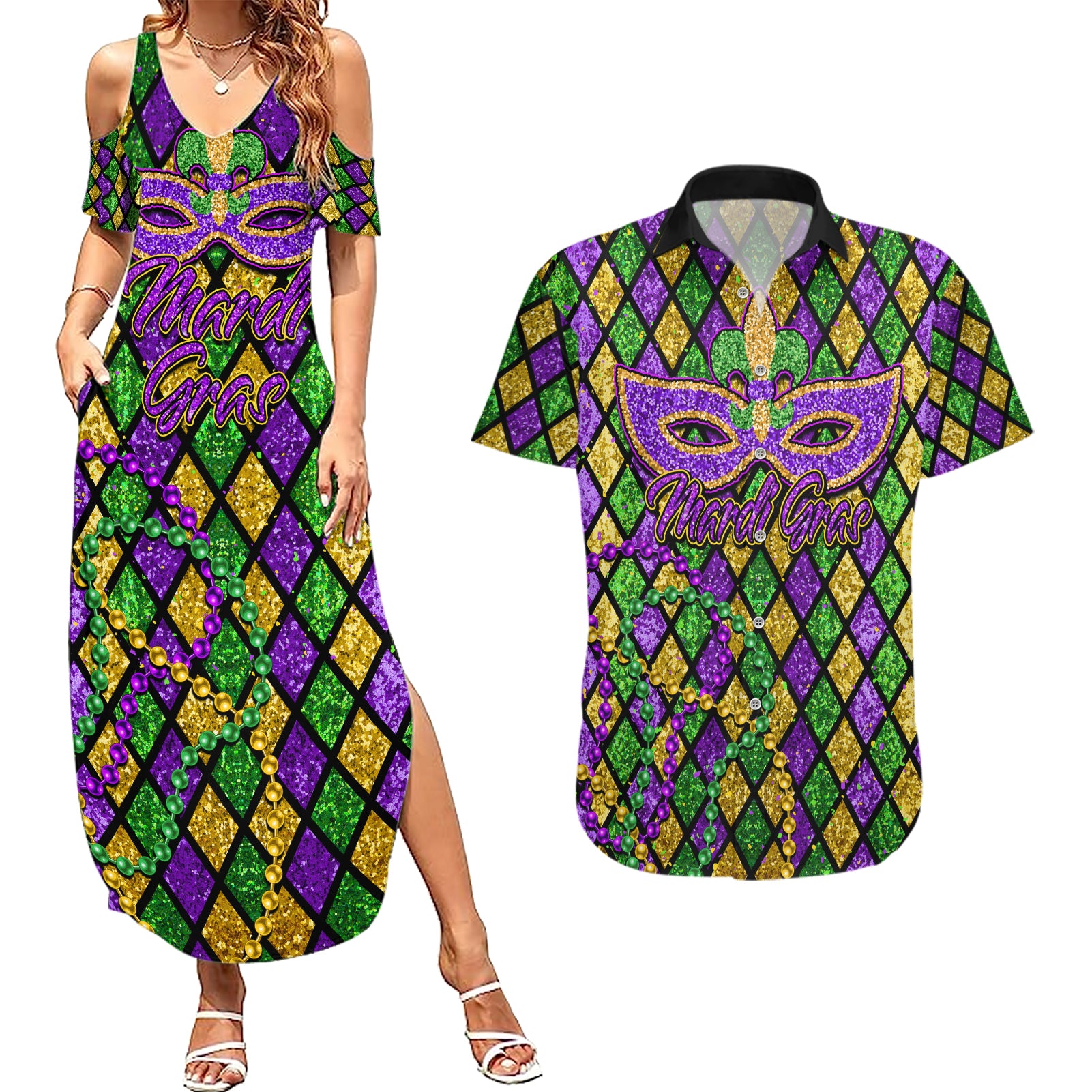 Mardi Gras Glitter Mask with Fleur-de-lis Couples Matching Summer Maxi Dress and Hawaiian Shirt LT9 - Wonder Print Shop