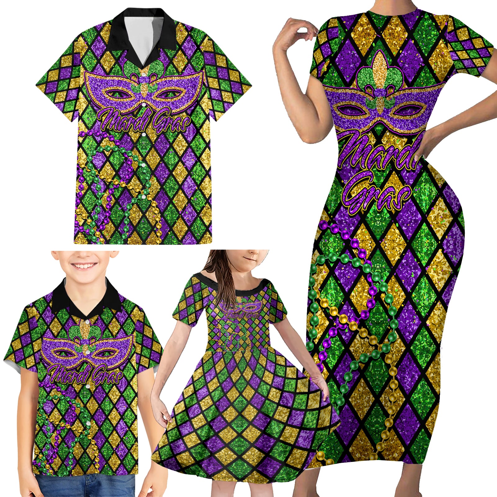 Mardi Gras Glitter Mask with Fleur-de-lis Family Matching Short Sleeve Bodycon Dress and Hawaiian Shirt - Wonder Print Shop