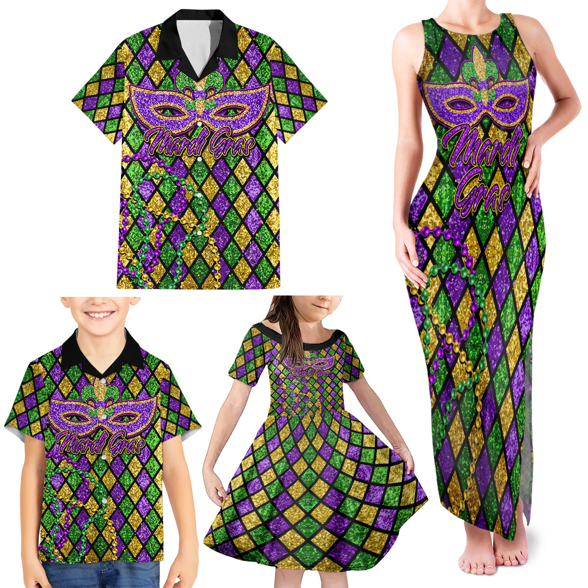 Mardi Gras Glitter Mask with Fleur-de-lis Family Matching Tank Maxi Dress and Hawaiian Shirt - Wonder Print Shop