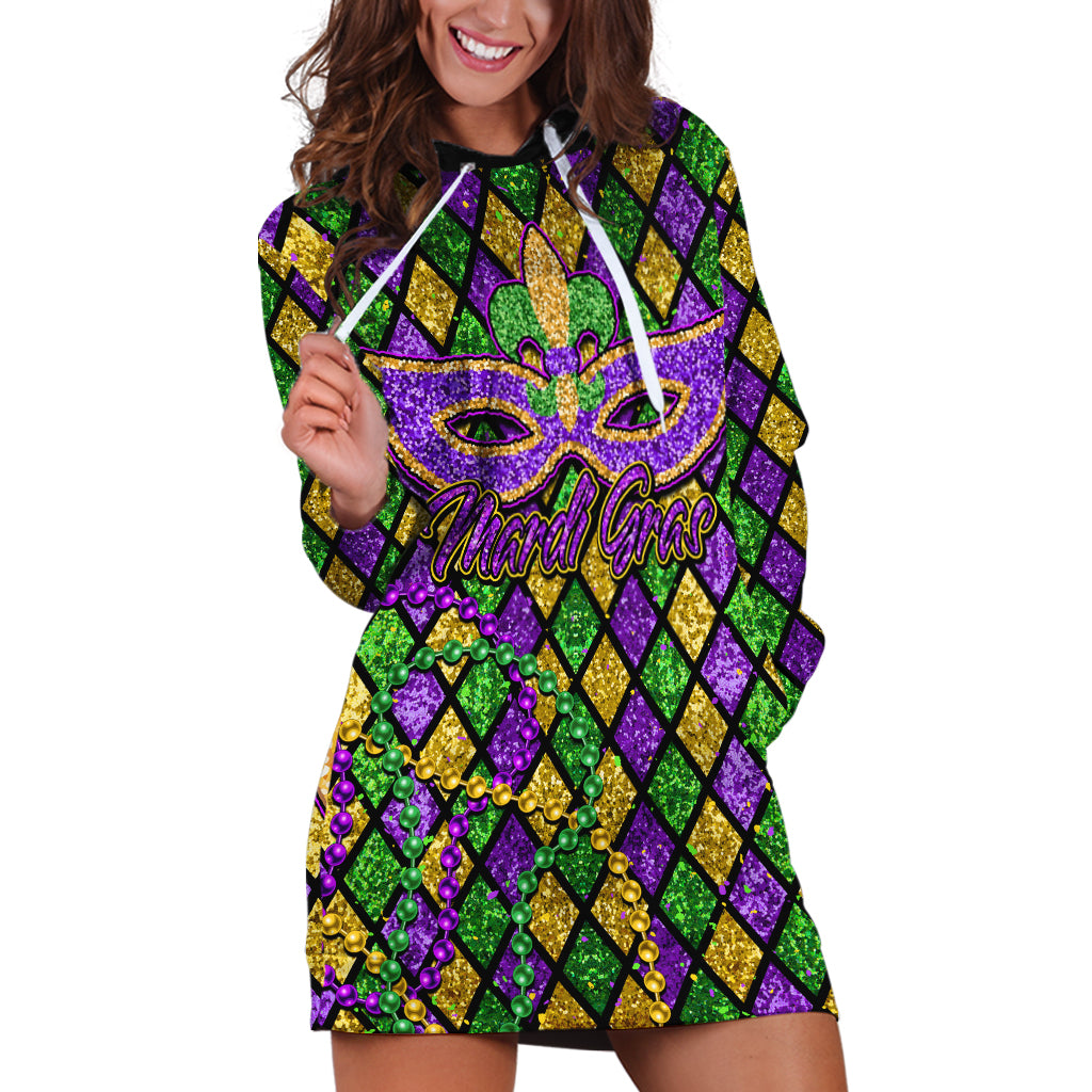 Mardi Gras Glitter Mask with Fleur-de-lis Hoodie Dress - Wonder Print Shop