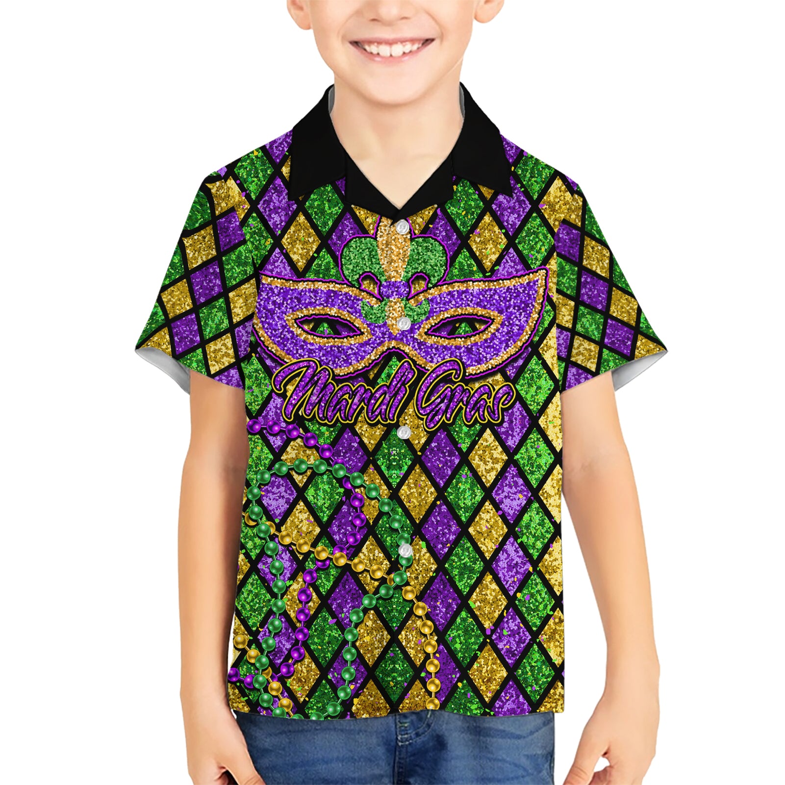 Mardi Gras Glitter Mask with Fleur-de-lis Kid Hawaiian Shirt - Wonder Print Shop