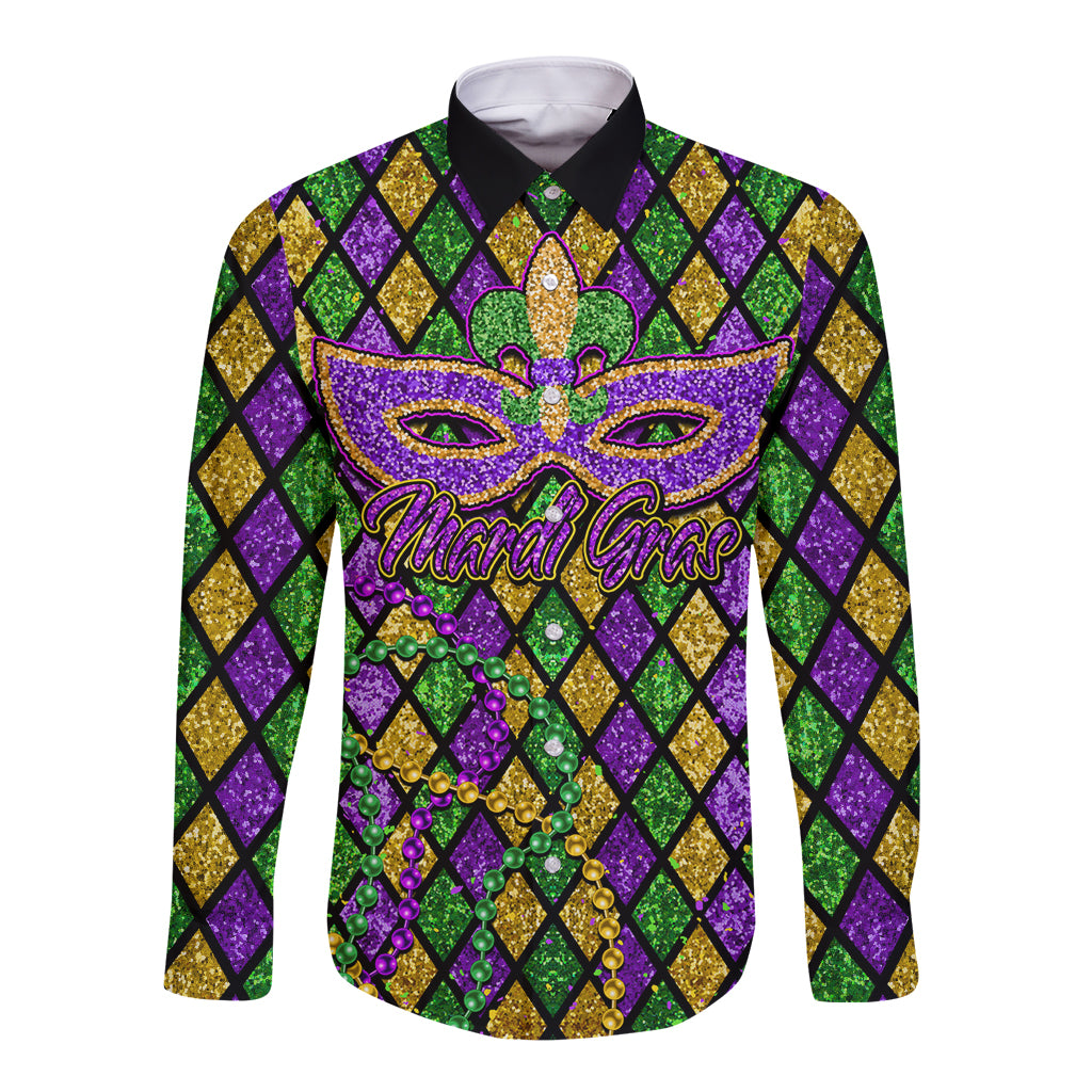 Black long-sleeve button shirt with glitter mardi gras jester face and fleur-de-lis