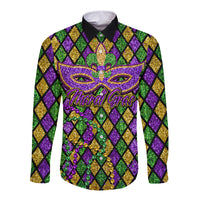 Black long-sleeve button shirt with glitter mardi gras jester face and fleur-de-lis