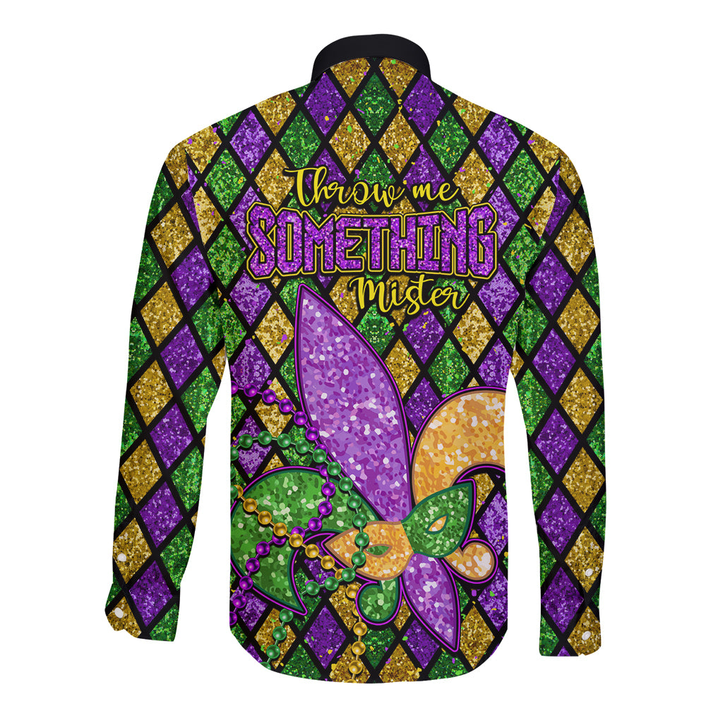 Black long-sleeve button shirt with glitter fleur-de-lis and purple-gold jester back
