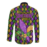 Black long-sleeve button shirt with glitter fleur-de-lis and purple-gold jester back
