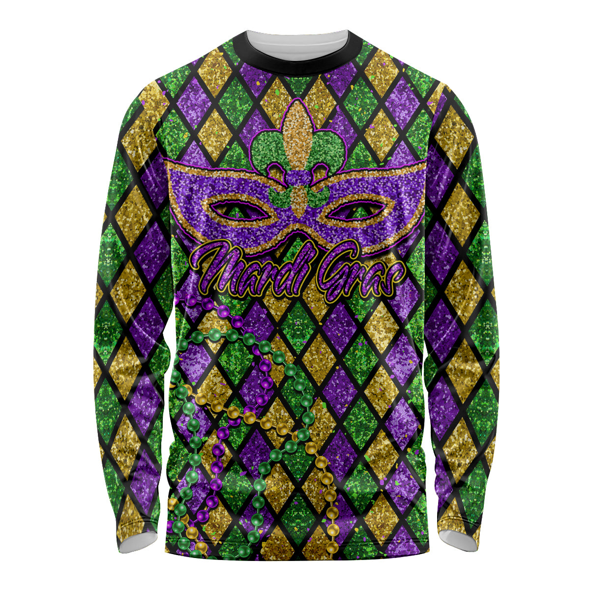 Unisex long-sleeve Mardi Gras glitter fleur-de-lis shirt, black crew neck, diamond pattern