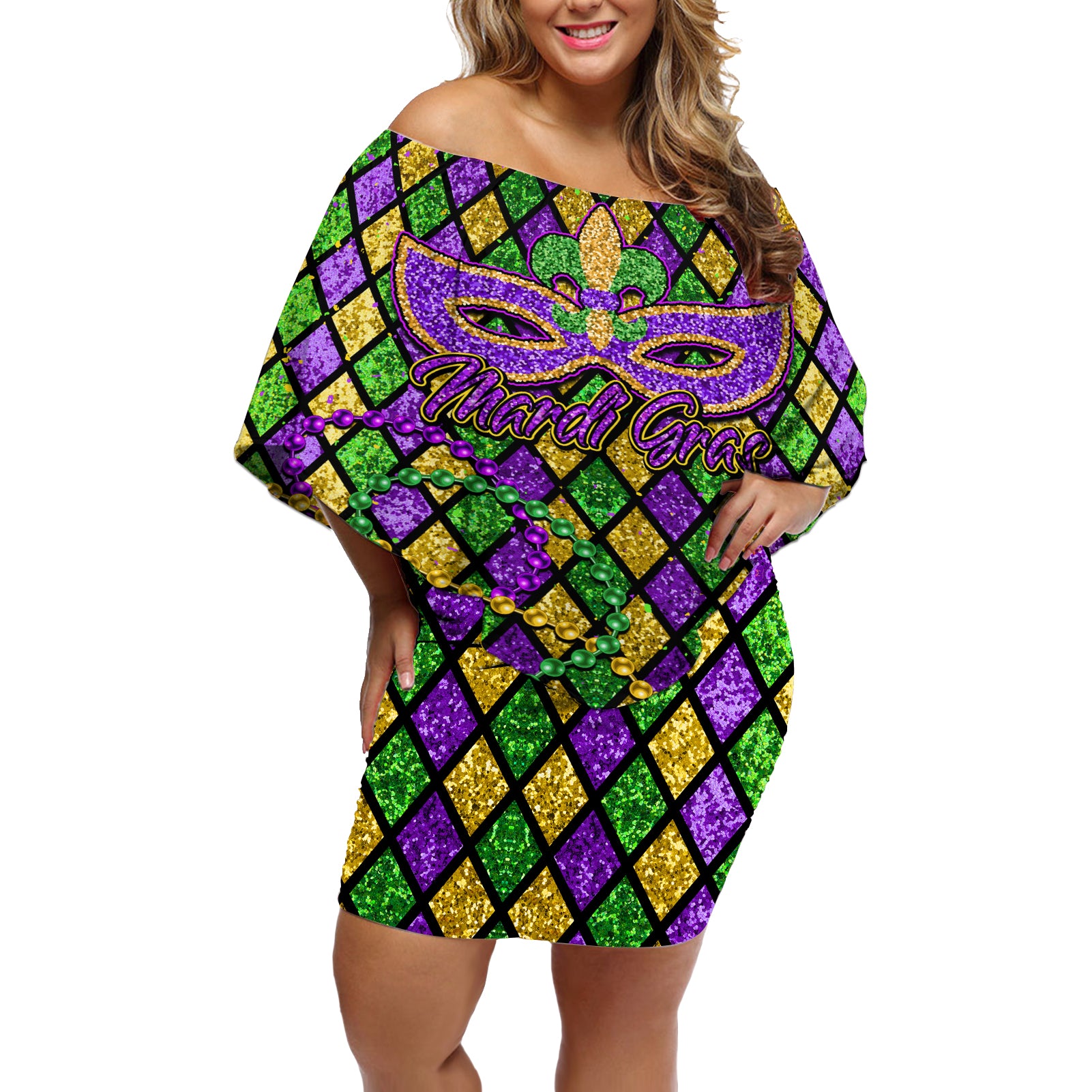 Mardi Gras Glitter Mask with Fleur-de-lis Off Shoulder Short Dress - Wonder Print Shop