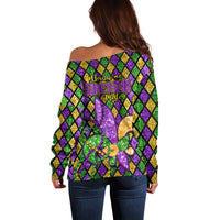 Women’s off-shoulder glitter sweater, back print with purple fleur-de-lis and diamond pattern