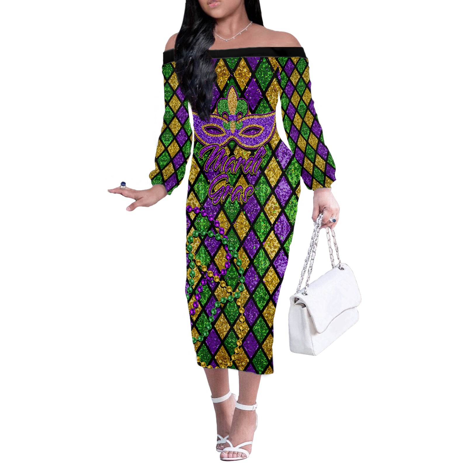 Mardi Gras Glitter Mask with Fleur-de-lis Off The Shoulder Long Sleeve Dress - Wonder Print Shop