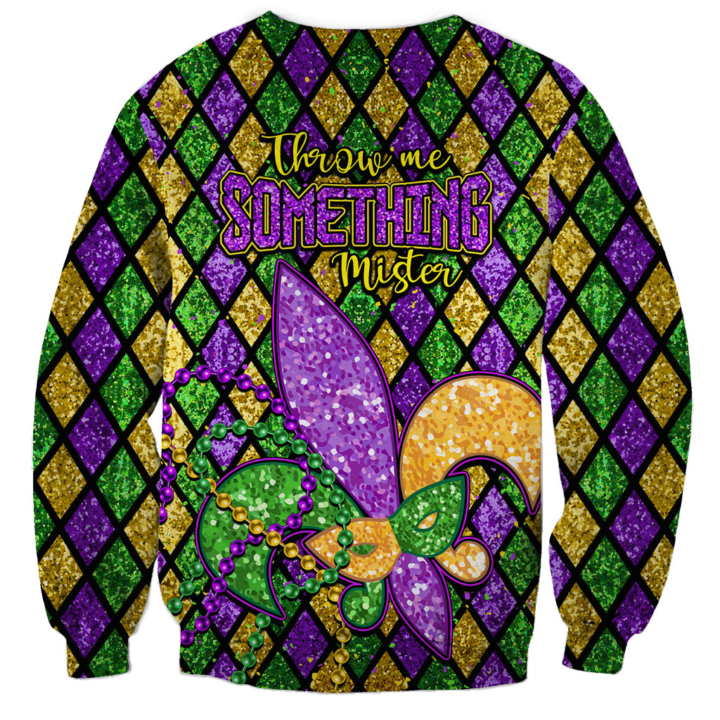 Unisex glitter sweatshirt with fleur-de-lis mask, 'Throw me something nice' text, beads