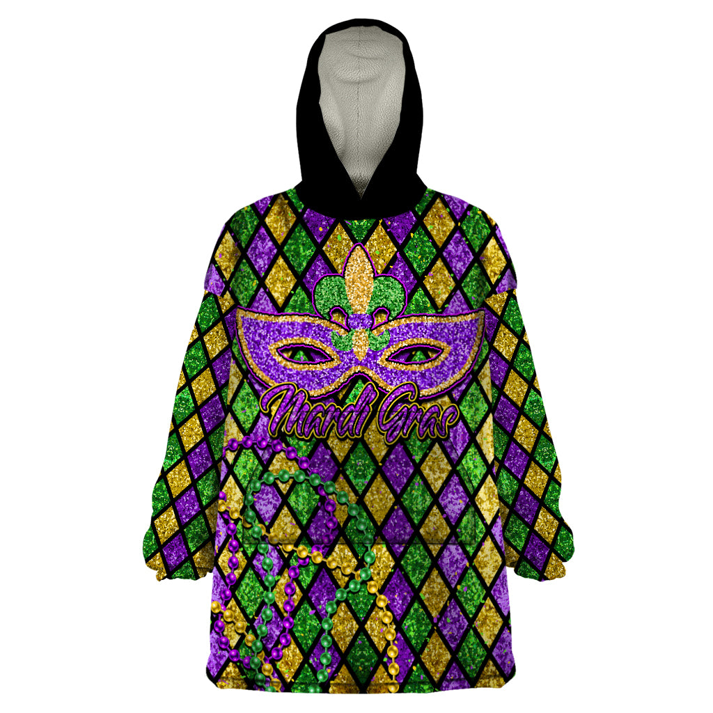 Mardi Gras Glitter Mask with Fleur-de-lis Wearable Blanket Hoodie - Wonder Print Shop