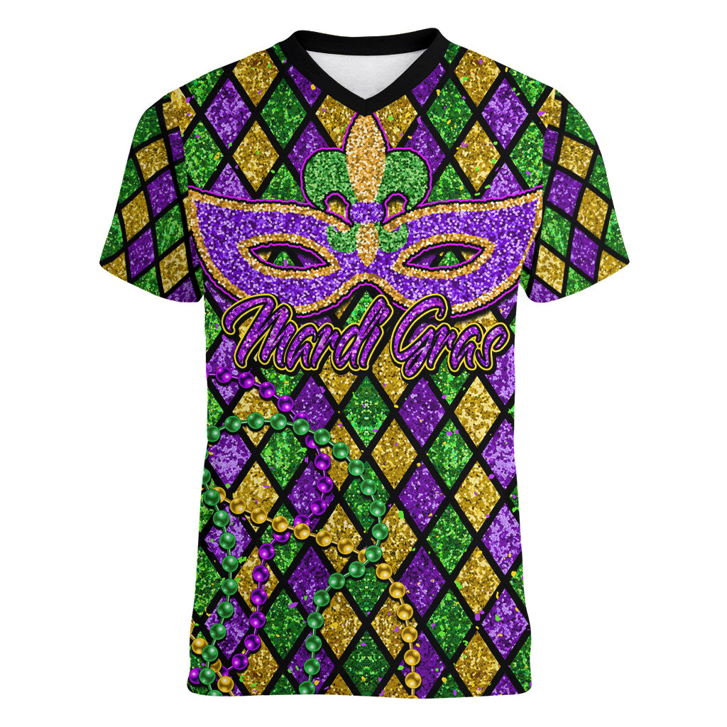 Mardi Gras Glitter Mask with Fleur-de-lis Women V Neck T Shirt - Wonder Print Shop