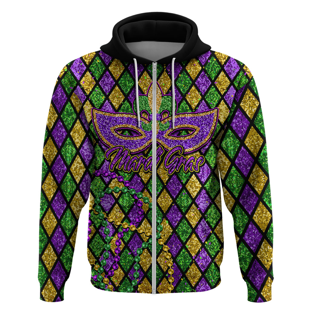 Mardi Gras Glitter Mask with Fleur-de-lis Zip Hoodie - Wonder Print Shop